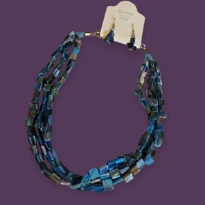 Vtg ES MOR 1980s Denim Blue Shell Beaded Necklace and Earring Set